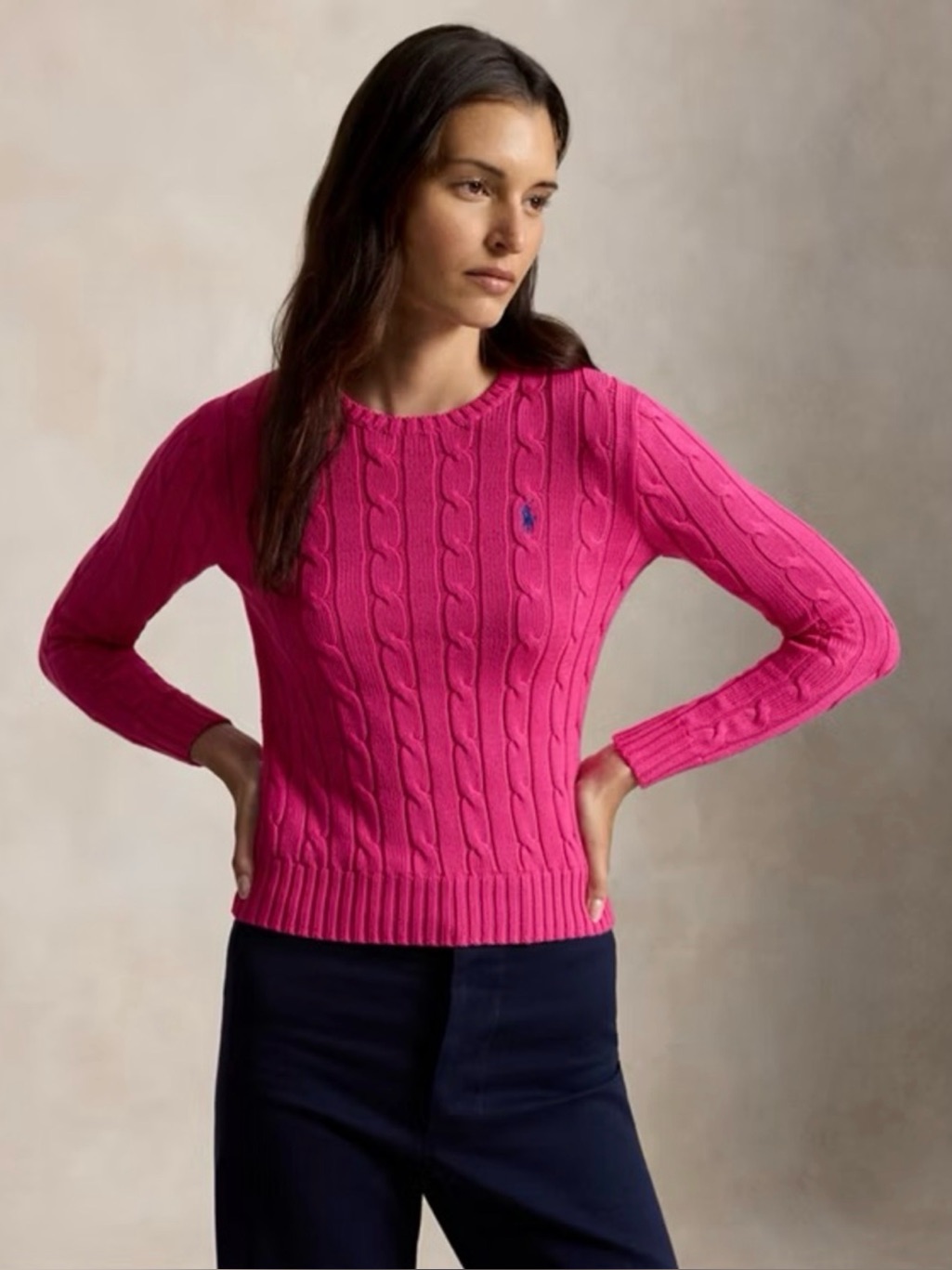 Polo Ralph Lauren Pink Cable Knit Crewneck Sweater In Hot Pink